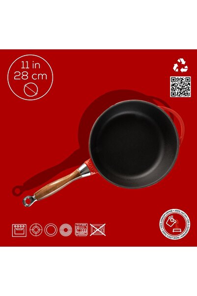 Lava Döküm Yuvarlak Kızartma Tavası Döküm Demir Sök - Tak Ahşap Sap Çap(Ø)28cm.