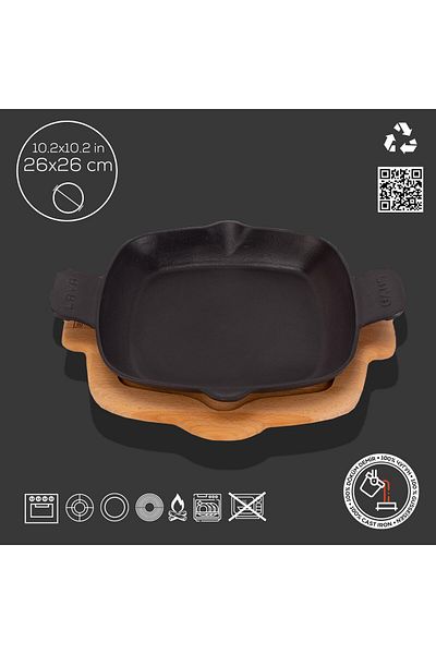 Lava Cast Iron Frying Pan Beech Serving Wood Cast Iron Solid Double Handle Size 26x26cm