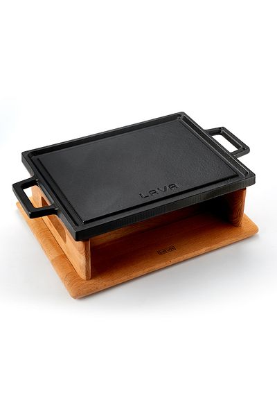 Lava Cast Rectangular Reversible Grill Hot Plate Cast Iron Solid Double Handle Beech Serving Wood