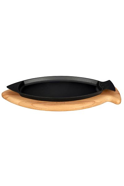Lava Casting Fish Plate Cast Iron Solid Handle Beech Serving Wood Size 20x32cm