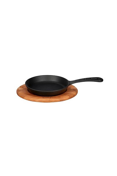 Lava 16cm Cast Round Frying Pan - Solid Handle Beech Serving Wood
