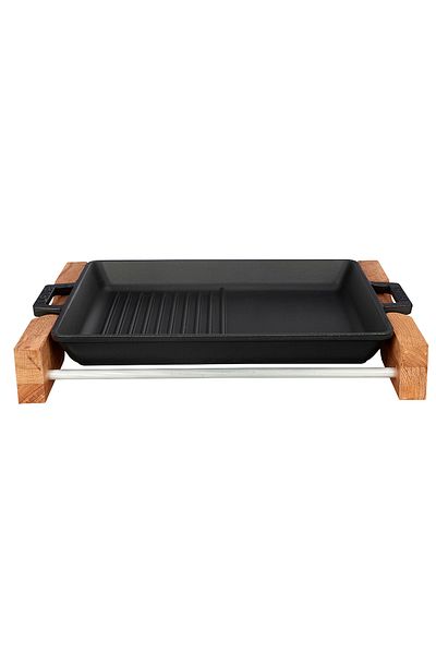 Lava Cast Rectangular Hybrid Grill Pan Beech Serving Wood Cast Iron Solid Double Handle Size
