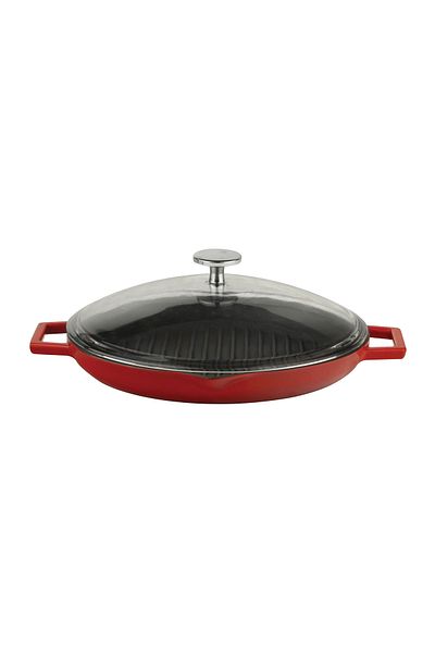 Lava Cast Round Grill Pan with Glass Lid Cast Iron Solid Double Handle Diameter (Ø)26cm.