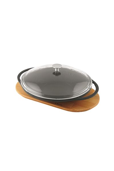Lava Cast Round Hair Roasting Pan Cast Iron Solid Double Handle Glass Lid Beech Serving Wooden