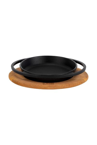 Lava 20cm Double Handle Iron Solid Cast Round Pan Beech Serving Wood