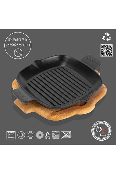 Lava Cast Iron Grill Pan Beech Serving Wood Cast Iron Solid Double Handle Size 26x26cm