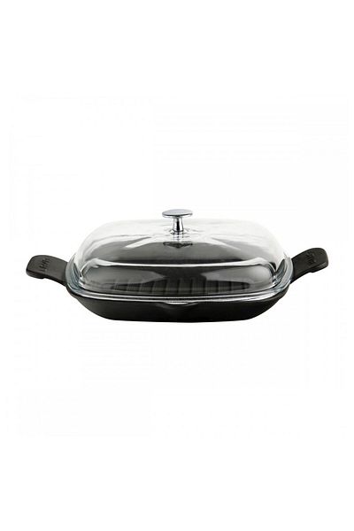 Lava Cast Iron Grill Pan with Glass Lid Cast Iron Solid Double Handle Size 26x26cm