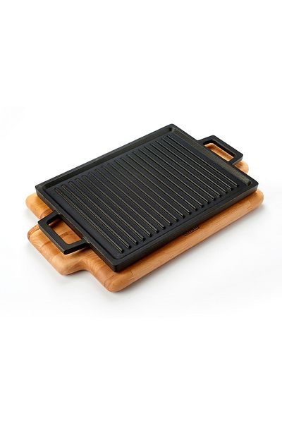 Lava Cast Rectangular Reversible Grill Hot Plate Cast Iron Solid Double Handle Beech Serving Wood