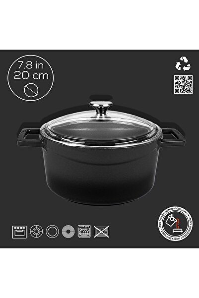 Lava Döküm Yuvarlak Tencere Cam Kapaklı. Glaze Çap(Ø)20cm.