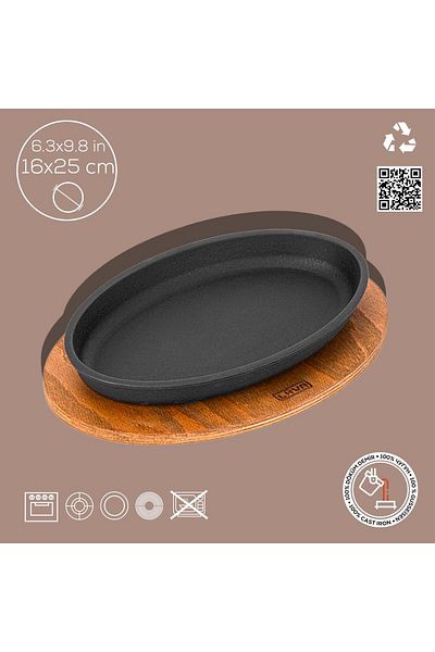 Lava Cast Oval Serving Plate and Wooden BaseSize 16x25cm