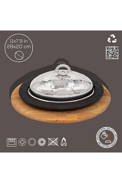 Lava Cast Oval Doner, Kebab Plate, Beech Serving Wood and Copper Forged Formed Lid Size 28x20cm