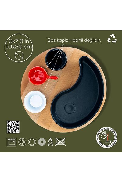 Lava Yingyang Fajita Plate - Cast Drop Form, Beech Served, Wooden Size 10X20Cm