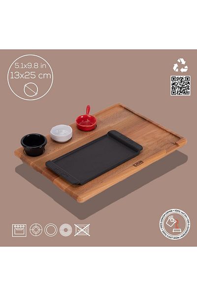 Lava Cast Rectangular Serving Plate and Wooden BaseBlack ColorSize 13x25cm(Sauce Containers for This Product