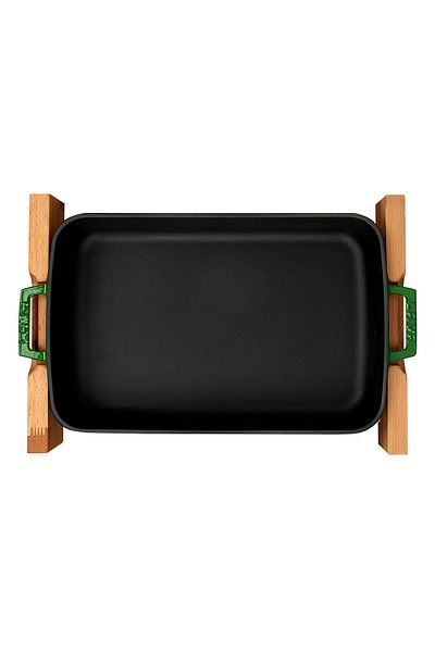 Lava Double Handle Cast Iron Solid - Rectangular Rosto and Baking Tray, Beech Serving Wood