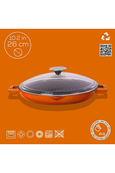 Lava Cast Round Grill Pan with Glass Lid Cast Iron Solid Double Handle Diameter (Ø)26cm.