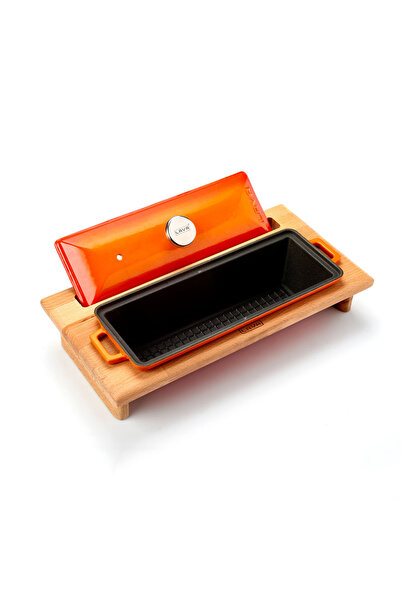 Lava Döküm Ekmek Tenceresi / Kayın Ağacı Servis Standı / Terrine Serisi. Ölçü 11x29cm.