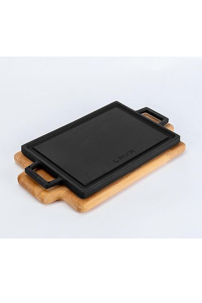 Lava Cast Rectangular Double-Way Grill And Flat Surface Hot Plate Beech Serving Wood Size 22x15cm