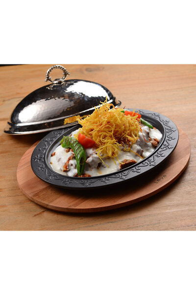 Lava Cast Oval Doner, Kebab Plate, Beech Serving Wood and Copper Forged Formed Lid Size 28x20cm