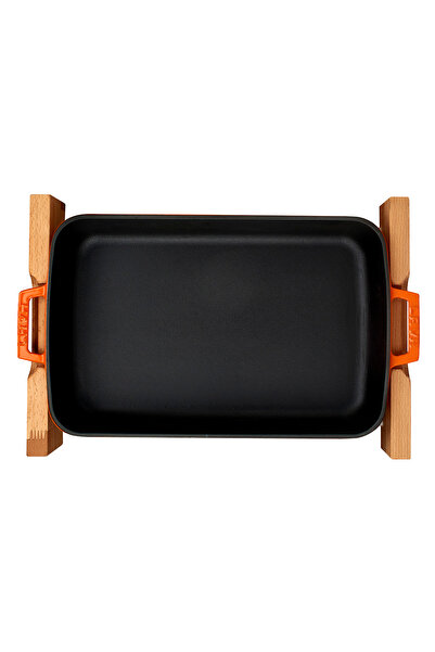 Lava Cast Rectangular Rosto and Baking Tray Beech Serving Wood Cast Iron Solid Double Handle Size
