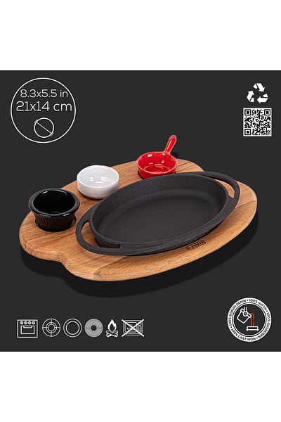 Lava Cast Oval Sahan Cast Iron Solid Double Handle Beech Serving Wood Size 21x14cm(Sauce Containers