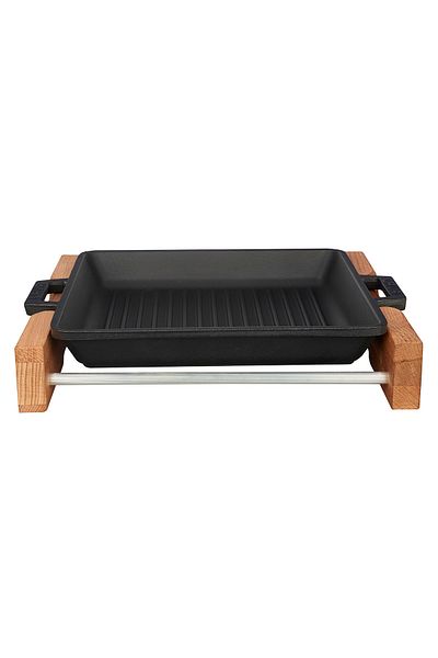Lava Cast Square Grill Pan Beech Serving Wood Cast Iron Solid Double Handle Size 26x26cm