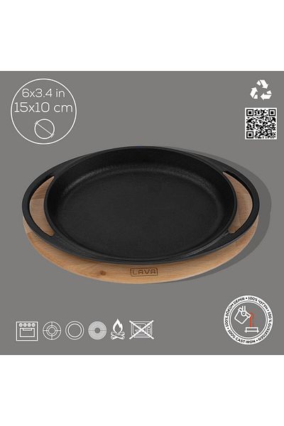 Lava 15x10cm Size Oval Pan Iron Solid Double Handle Beech Serving Wood