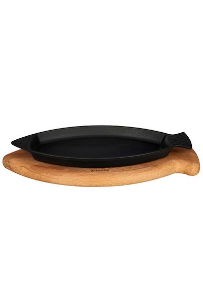 Lava Casting Fish Plate Cast Iron Solid Handle Beech Serving Wood Size 15x24cm