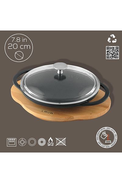 Lava Cast Round Hair Roasting Pan Cast Iron Solid Double Handle Glass Lid Beech Serving Wooden