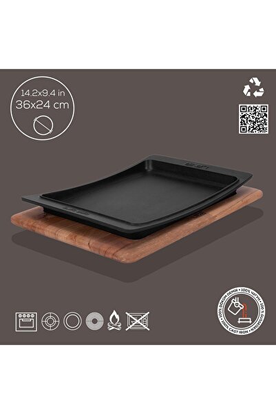 Lava Döküm Dikdörtgen Servis Tabağı Ve Kayın Servis Ahşabı. Ölçü 36x24cm.