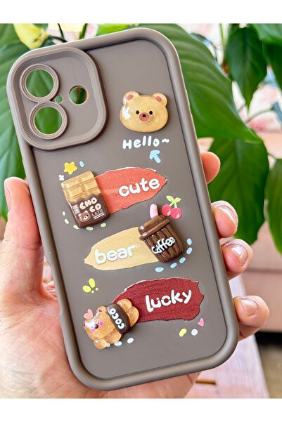 Fibaks Apple iPhone 16 Kılıf Tasarımlı Desenli Kamera Korumalı Ayıcık Kahve Renkli Yumuşak Silikon Kap