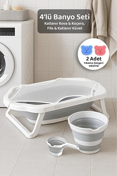 Meleni Baby 4'lü Katlanır Bebek Banyo Seti - Katlanabilir Bebek Küveti, Su Ko...