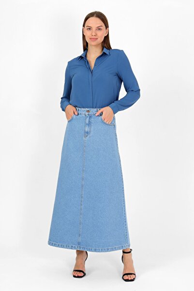 vl vellichor YÜKSEK BEL A KESİM DENİM ETEK Açık Mavi