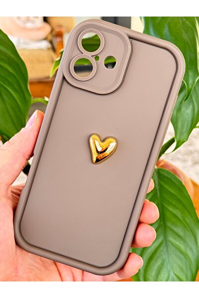Fibaks Case for Apple iPhone 16 3D Heart Design Brown Pattern Soft Camera Protection Silicone Cover