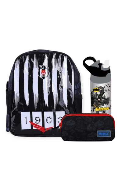 Beşiktaş J.k. Anaokul Çantası , Çift Gözlü Kalemlik - Çelik Suluk&matara Hediye