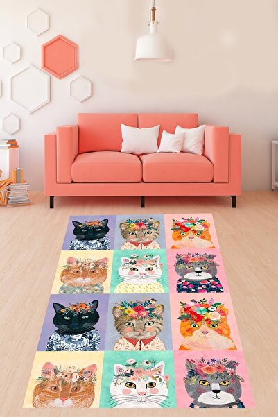 on the clouds Kedili Halı Kedi Desenli Dijital Baskı Yıkanabilir Kaymaz Taban Modern Salon Halısı Ve Yolluk