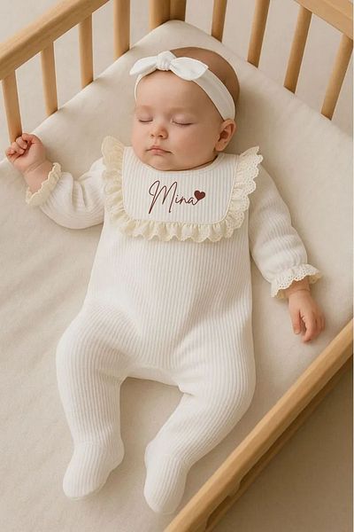 Minytrendy Baby Girl Name Embroidered Newborn Jumpsuit Mevlüt Set Bandana Hospital Release Babyshower