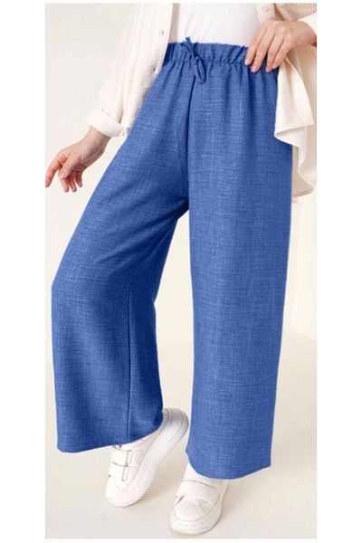 LEGS STAR Women's Blue Sofia Linen Double Pocket Wide Leg Trousers