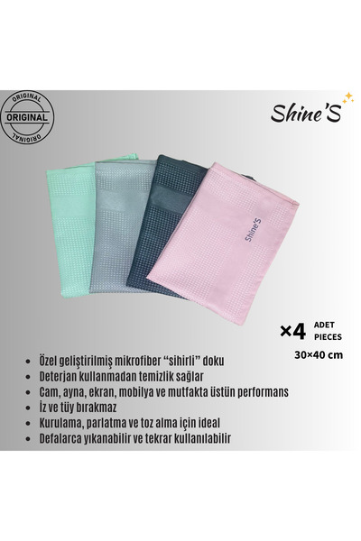 Shines Fabrika Satış Mağazası Shine's 4'lü Renkli Mikrofiber Temizlik Bezi, Banyo, Mutfak, Cam, Araba Ve Tüm Yüzeyler (30X40 CM)