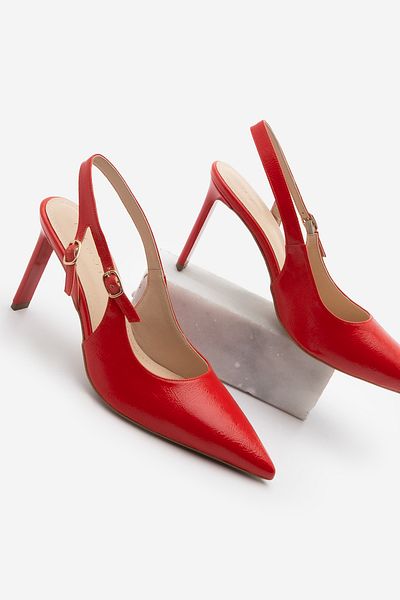 Marjin Women's Stiletto Pointed Toe Open Back Tie Buckle Heeled Shoes Pelovi Red Patent Leather