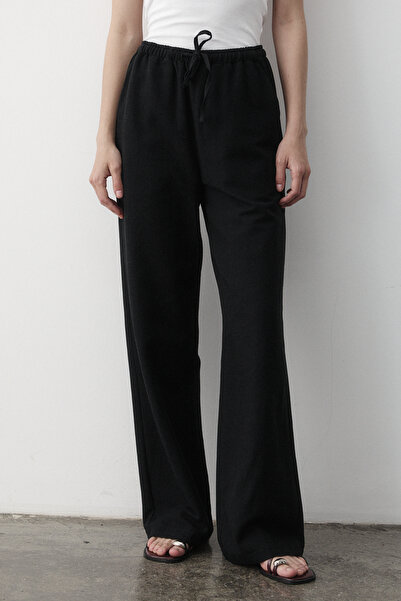 JASTE Women's Black Elastic Waist Wide Leg Palazzo Linen Trousers