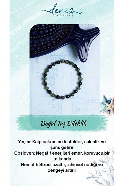 Deniz Doğal Taş Certified Jade, Obsidian and Hematite Natural Stone Bracelet