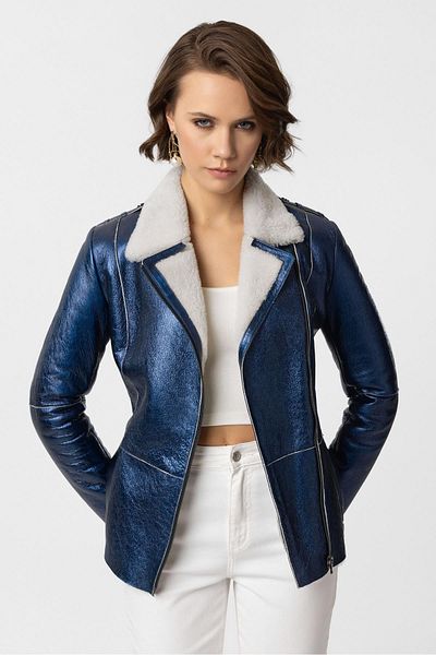 Deriderim Blue Shine Zippered Biker Women's Genuine Fur Coat