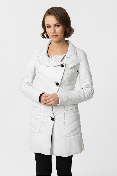 Deriderim White Bella Fiber Filling Shawl Collar Buttoned Women's Leather Coat
