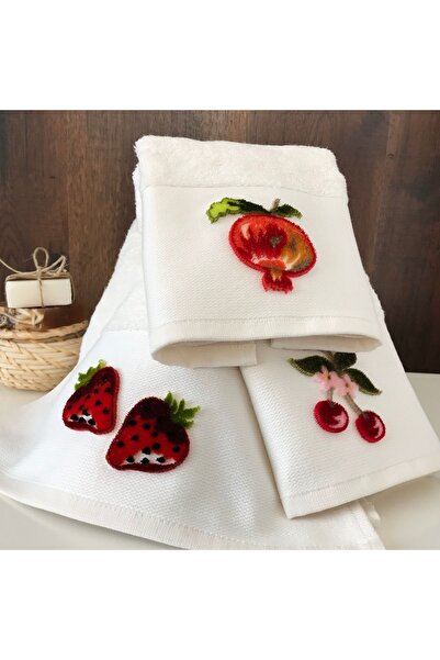 MARİBOR Meyve 1 - Nakışlı Mutfak Havlusu %70 Bambu / %30 Pamuk - Krem 3'lü Set 30x50