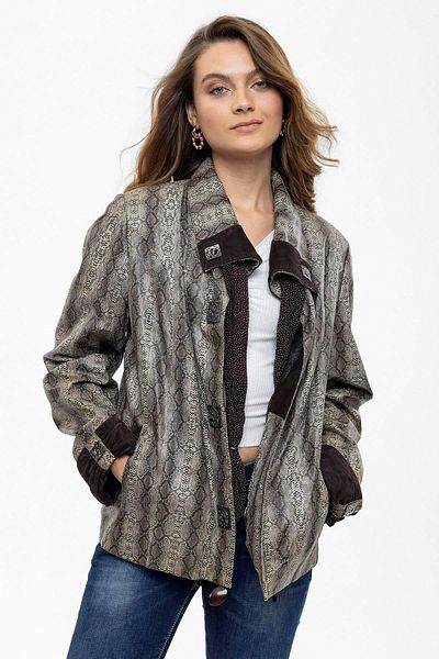 Deriderim Brown Python Printed Silvia Scarf Snap Closure Women's Genuine Leather Jacket