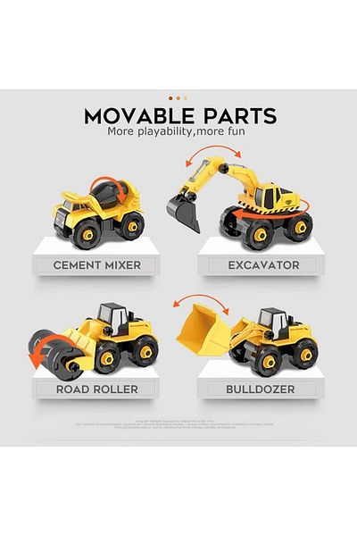 indiggo Set 6 Toy Vehicles idepet®, Construction Vehicles, Dismountable, Includes Concrete Mixer, Bulldozer