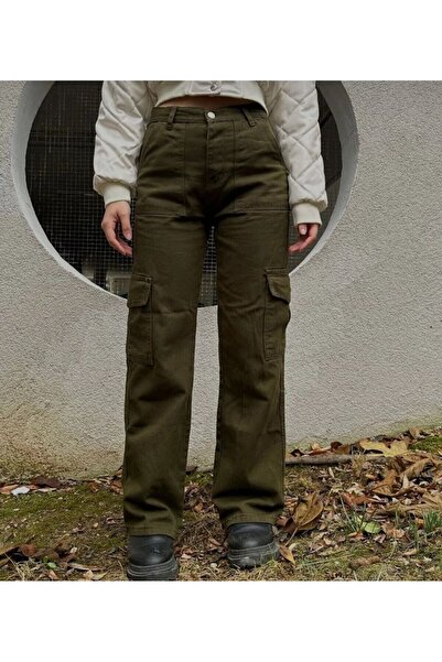 KOTOLOG Pantaloni de jeans pentru femei, largi, cu picioare largi, cu buzunare cargo kaki - Regular Fit