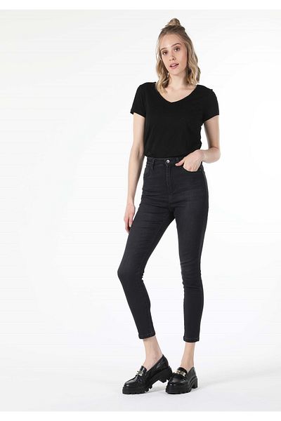 Colin's Tricou negru cu mânecă scurtă pentru femei, cu decolteu în V, cu croiala normală, Cl 1034536
