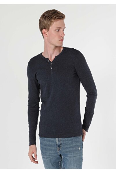 Colin's Slim Fit Placket Neck Düz Erkek Lacivert Uzun Kol Tişört