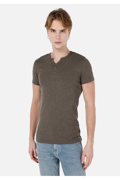 Colin's Slim Fit Placket Neck Plain Men's Green Short Sleeve T-Shirt